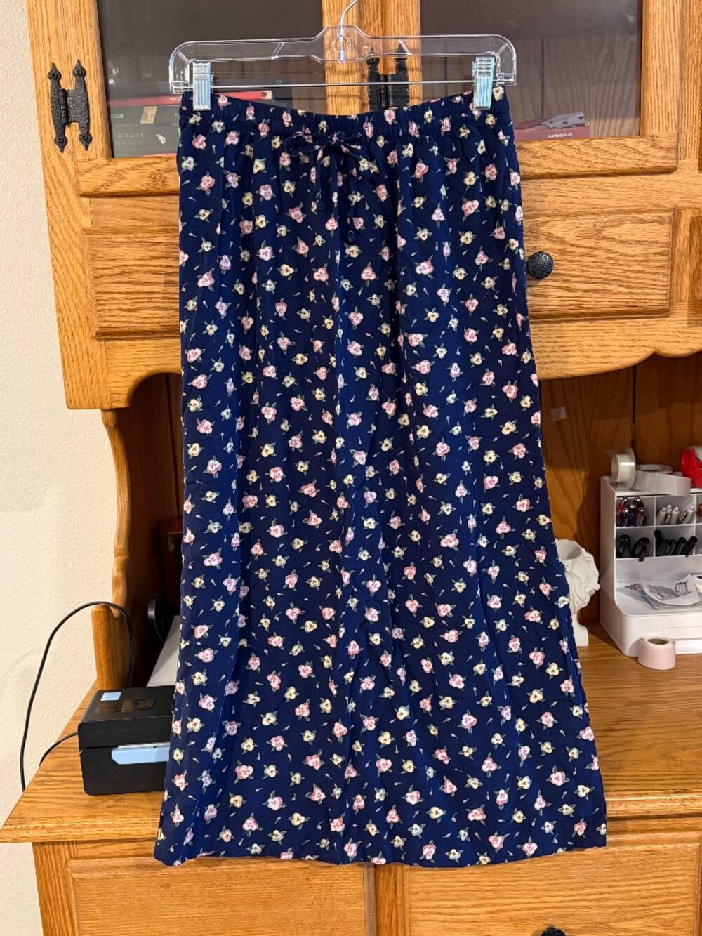 Navy Midi Skirt with pastel yellow&pink flowers
